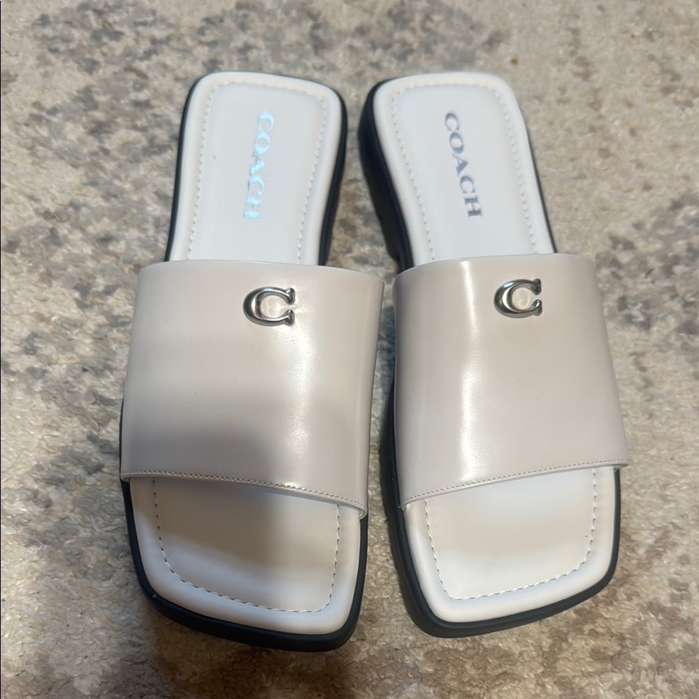 Coach White Slide Sandals with Square-Toe Design